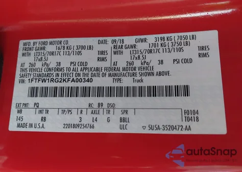 2019 Ford F-150 Raptor из США, поврежденный, VIN 1FTFW1RG2KFA00340